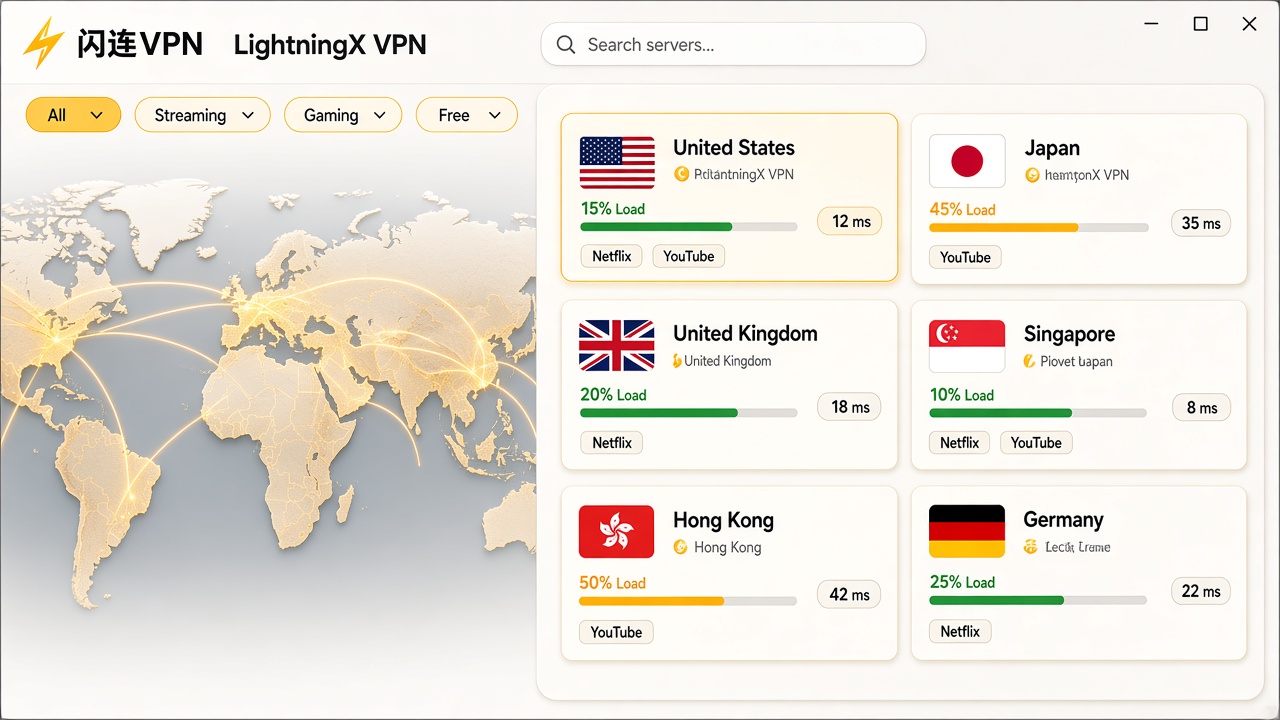 闪连VPN 全球节点网络示意